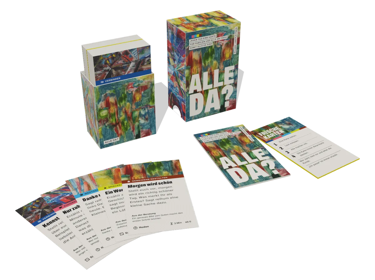 Das Set offen: Box, Karten, Trennkarte und Begleitheft